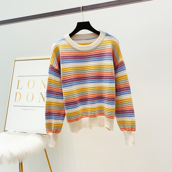 Pulover de dama colorat cu decolteu rotund si maneci lungi