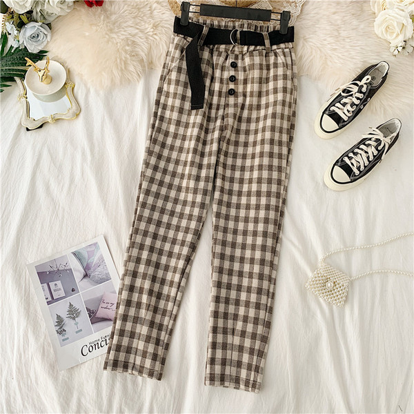 Модерен дамски кариран панталон с висока талия и колан в няколко цвята