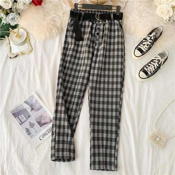 Модерен дамски кариран панталон с висока талия и колан в няколко цвята