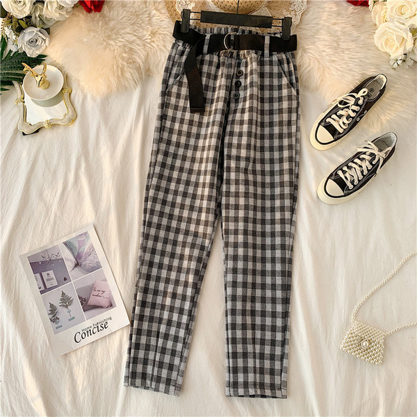 Модерен дамски кариран панталон с висока талия и колан в няколко цвята