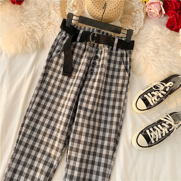 Модерен дамски кариран панталон с висока талия и колан в няколко цвята