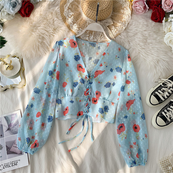 Bluza de dama moderna cu cravate si model floral in mai multe culori