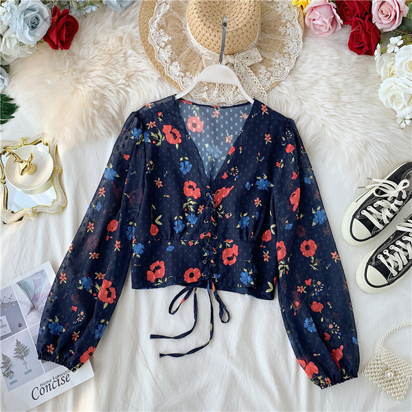 Bluza de dama moderna cu cravate si model floral in mai multe culori
