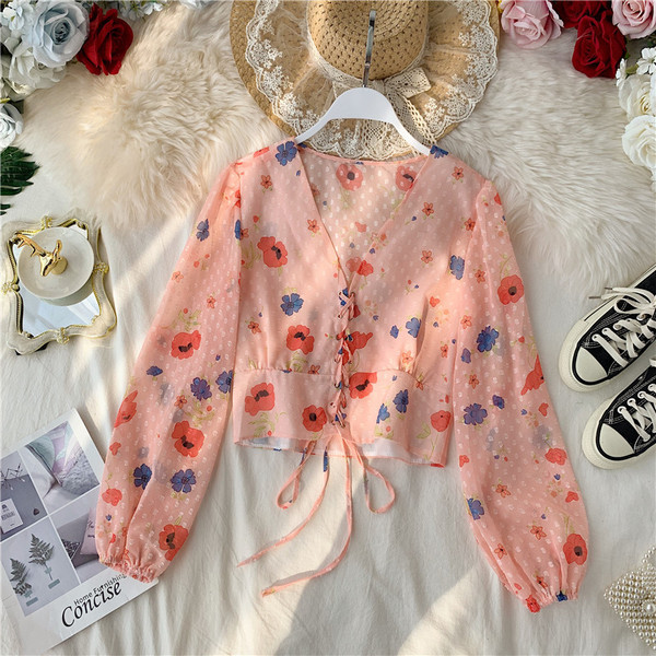 Bluza de dama moderna cu cravate si model floral in mai multe culori