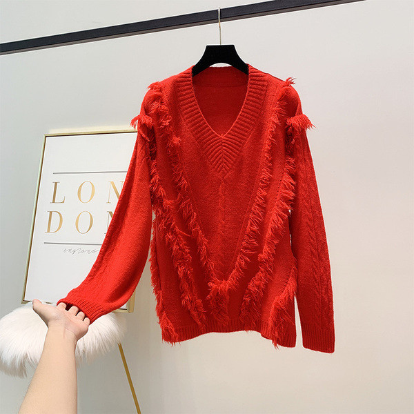 Női alkalmi pulóver spitz nyakkivágással és rojtokkal több színben