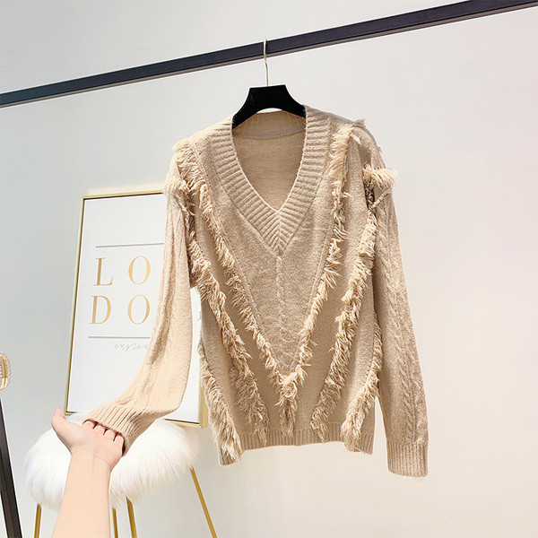 Női alkalmi pulóver spitz nyakkivágással és rojtokkal több színben