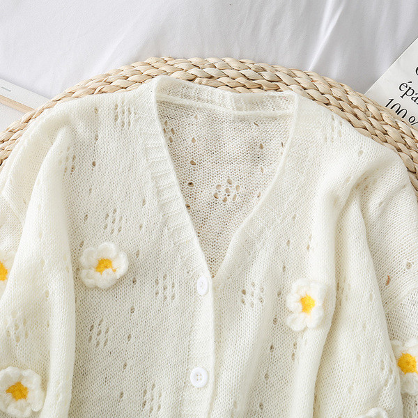 Cardigan de damă cu flori 3D în alb