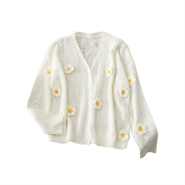 Cardigan de damă cu flori 3D în alb