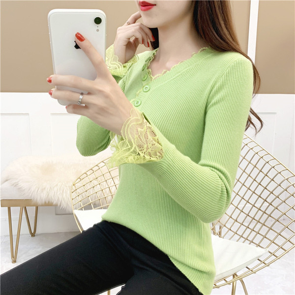 Pulover de damă modern cu decolteu spitz și dantelă - mai multe culori