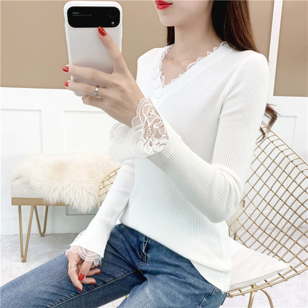 Pulover de damă modern cu decolteu spitz și dantelă - mai multe culori