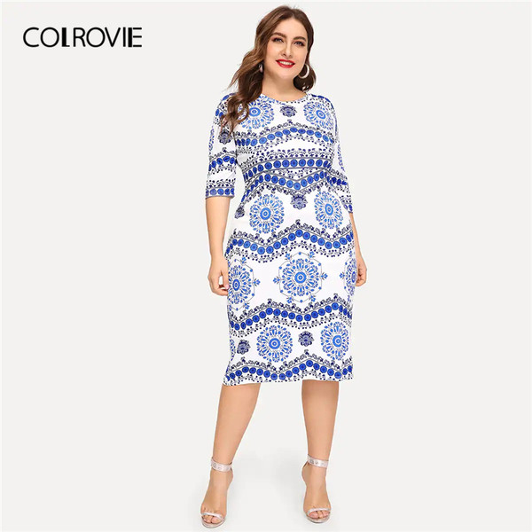 Rochie moderna de dama cu maneci 3/4 si decolteu O in albastru