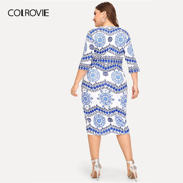 Rochie moderna de dama cu maneci 3/4 si decolteu O in albastru