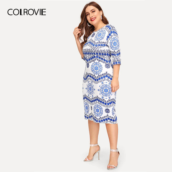 Rochie moderna de dama cu maneci 3/4 si decolteu O in albastru