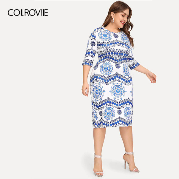 Rochie moderna de dama cu maneci 3/4 si decolteu O in albastru