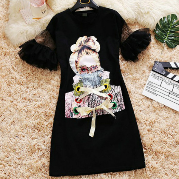 Casual γυναικείο φόρεμα με 3/4 μανίκια και κορδόνια σε μαύρο χρώμα