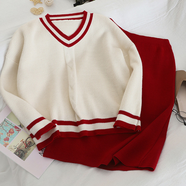 Női szett fekete és piros pulóvert és szoknyát tartalmaz