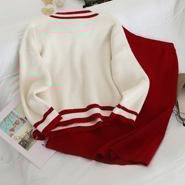 Női szett fekete és piros pulóvert és szoknyát tartalmaz