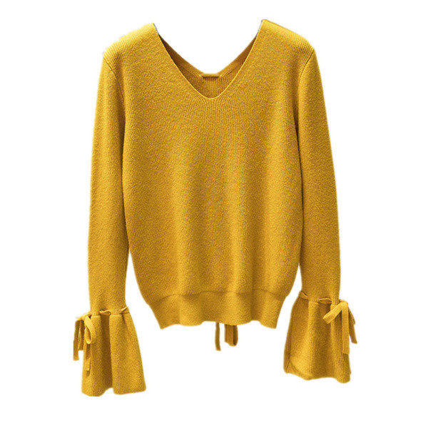 Modern női pulóver lótusz ujjakkal és nyakkendőkkel