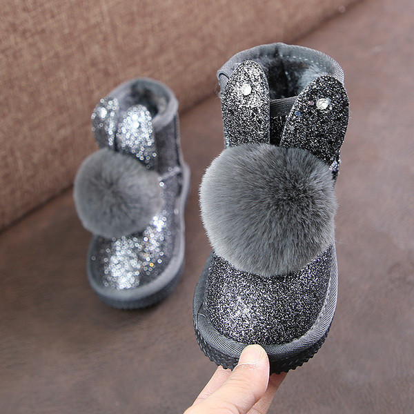 Модерни детски ботуши за момичета в три цвята с камъни и пух 