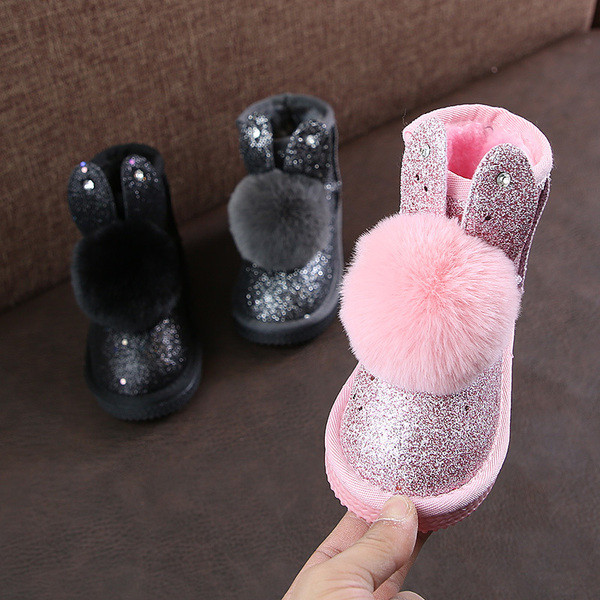 Модерни детски ботуши за момичета в три цвята с камъни и пух 