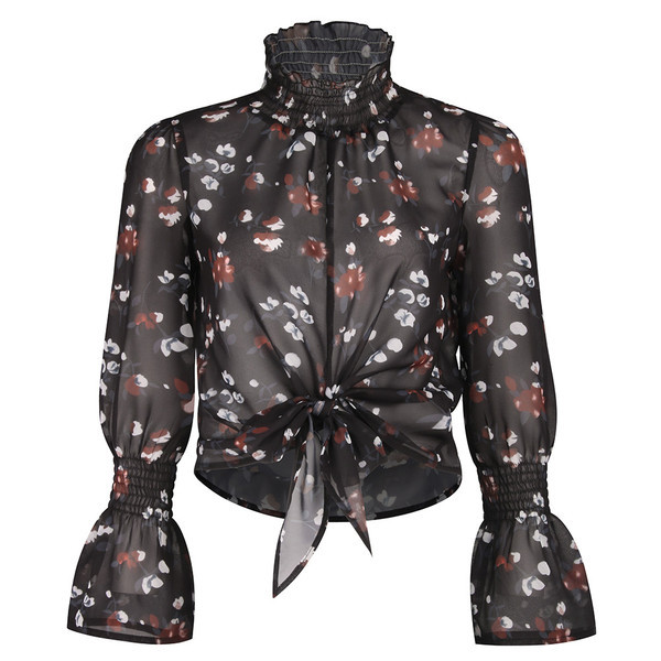 Μοντέρνο γυναικείο πουκάμισο με κλασικό γιακά και κορδόνια σε μαύρο χρώμα