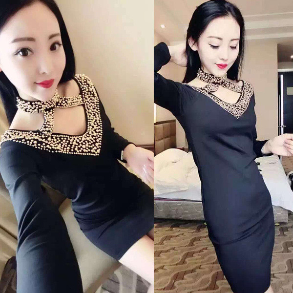 Új modell női ruha fekete gyöngyökkel