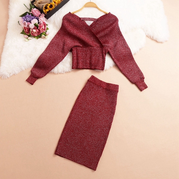 Stílusos női kétrészes szett, hosszú ujjal és magas derékkal több színben