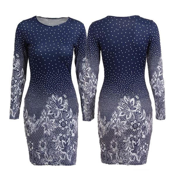 Elegáns női ruha hosszú ujjal és O-nyakú kék színben