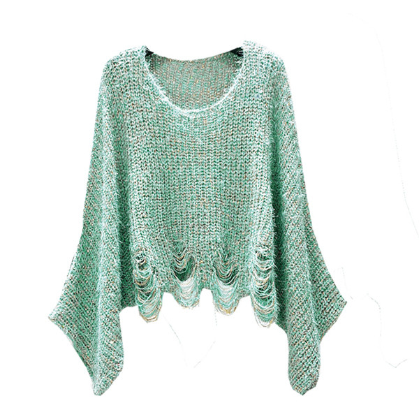 Női téli pulóver kerek nyakkivágással, szakadt motívumokkal zöld színben