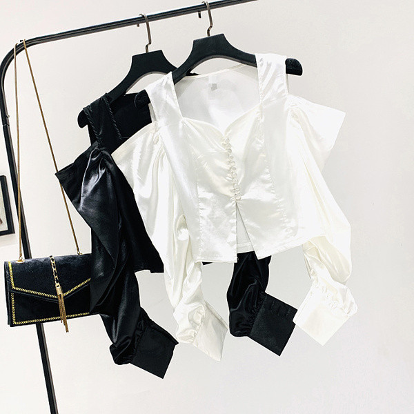 Csupasz vállú női ing - rövid fekete-fehér modell