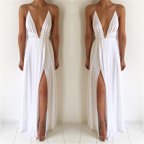 Modern női hosszú ruha vékony pántokkal, mély nyakkivágással, több színben