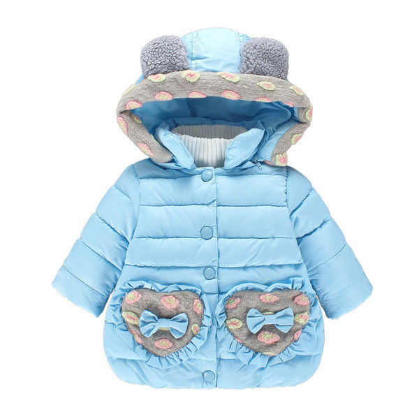 Gyerekkabát lányoknak kék színben, 3D elemekkel és gombokkal