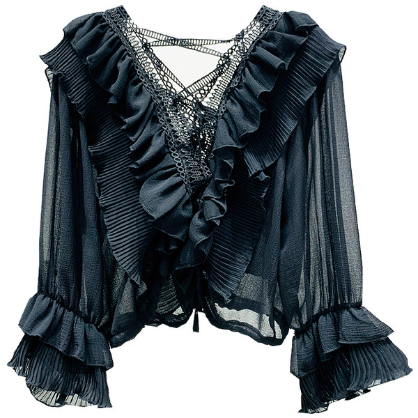 Női blúz derékrésszel és csipkével, fekete-fehér színben