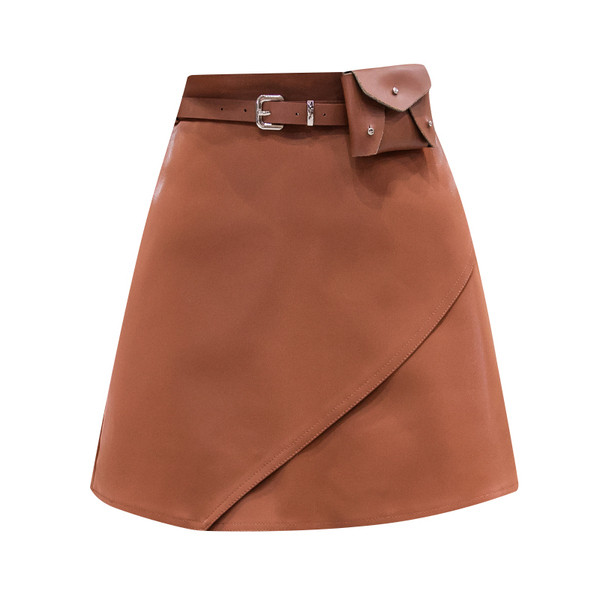 Új modell eko bőrből készült női szoknya barna és fekete övvel