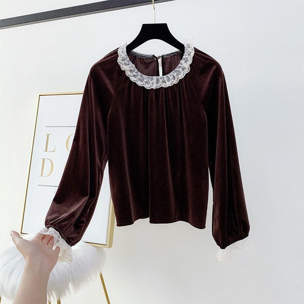 Modern női bársony ing csipke elemmel, három színben