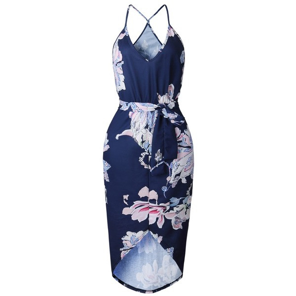 Modern női ruha mély nyakkivágással és vékony kék pántokkal