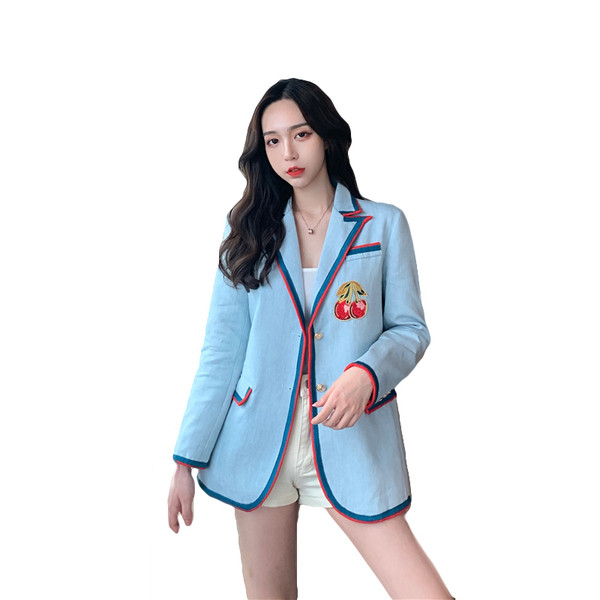 Modern női kabát, kék színű rátéttel