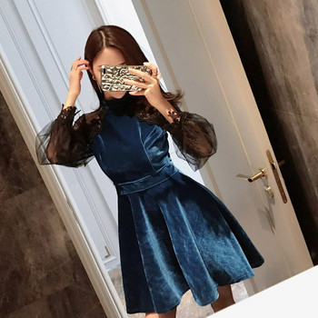 Rochie de dama moderna din catifea cu maneci din dantela in negru si albastru