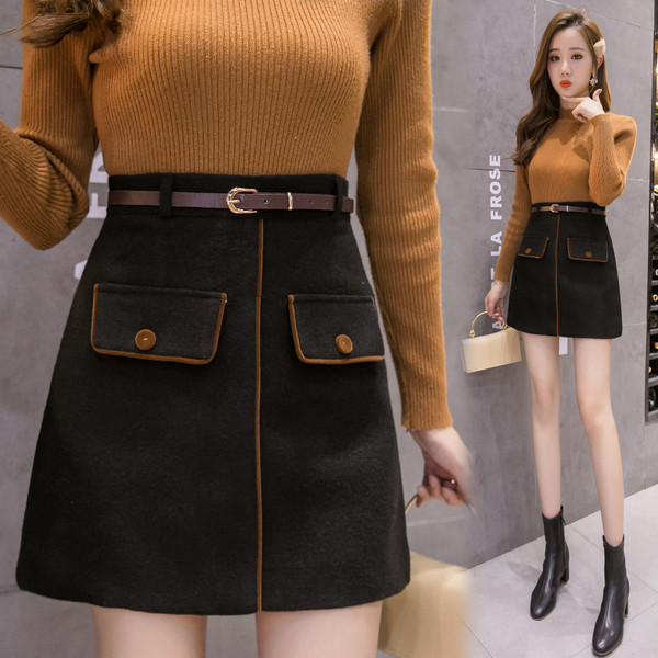 Aktuális női szoknya övvel fekete és bézs színben