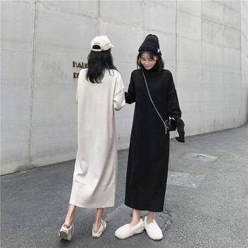 Rochie lunga de dama cu guler inalt in doua culori cu maneci lungi