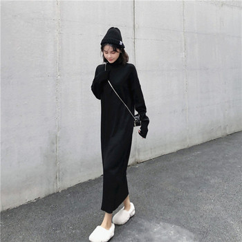 Rochie lunga de dama cu guler inalt in doua culori cu maneci lungi