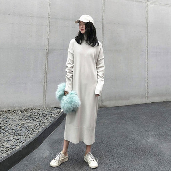 Rochie lunga de dama cu guler inalt in doua culori cu maneci lungi