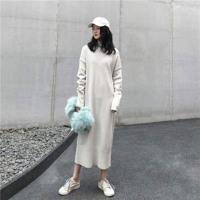 Rochie lunga de dama cu guler inalt in doua culori cu maneci lungi
