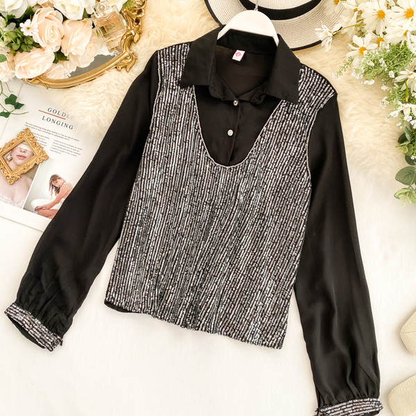 Stílusos női ing flitterekkel és gallérral, három színben