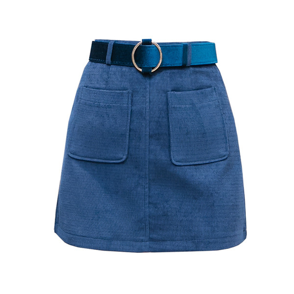 Modern női szoknya zsebekkel és övvel fekete, kék és barna színben