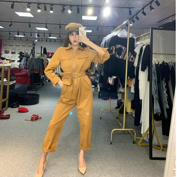 Modern női jumpsuit hosszú ujjú sárga és zöld színben