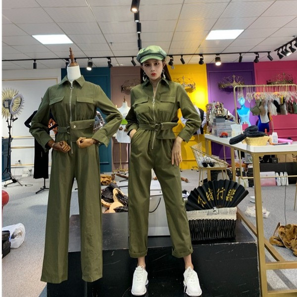 Modern női jumpsuit hosszú ujjú sárga és zöld színben