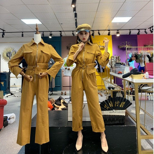 Modern női jumpsuit hosszú ujjú sárga és zöld színben