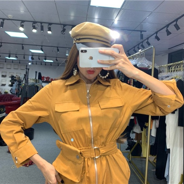 Modern női jumpsuit hosszú ujjú sárga és zöld színben