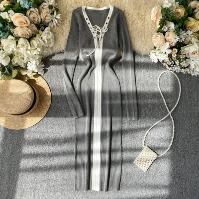 Rochie lunga de dama cu cravate in mai multe culori
